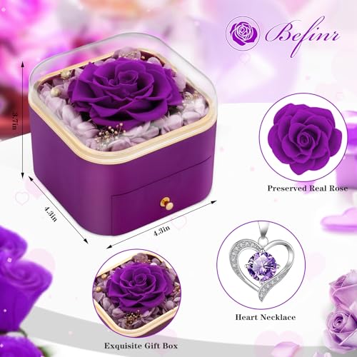 Beferr Birthday Gifts for Women Mom Preserved Real Rose with Necklace Eternal Roses Fresh Flowers for Delivery Prime Anniversary Purple Gifts for Grandma Wife Daughter Sister - Image 4