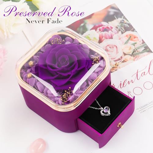Beferr Birthday Gifts for Women Mom Preserved Real Rose with Necklace Eternal Roses Fresh Flowers for Delivery Prime Anniversary Purple Gifts for Grandma Wife Daughter Sister - Image 2