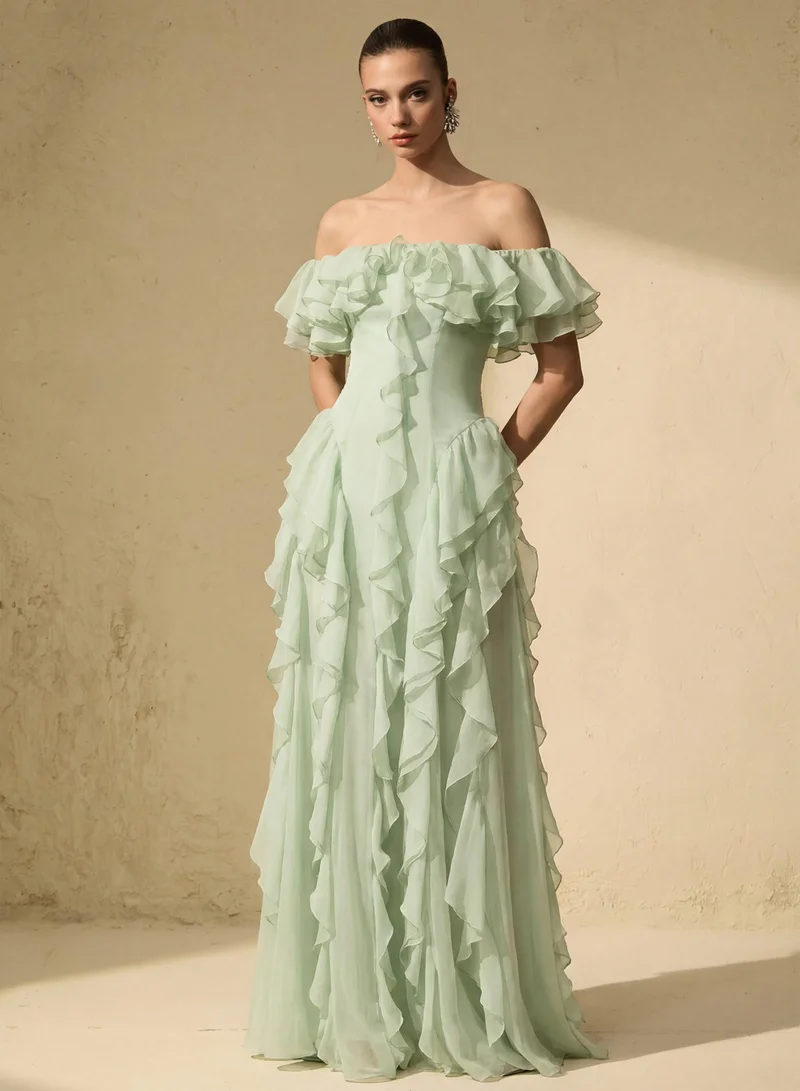 سنفير Every Love Song Green Off-The-Shoulder Ruffle Maxi Dress