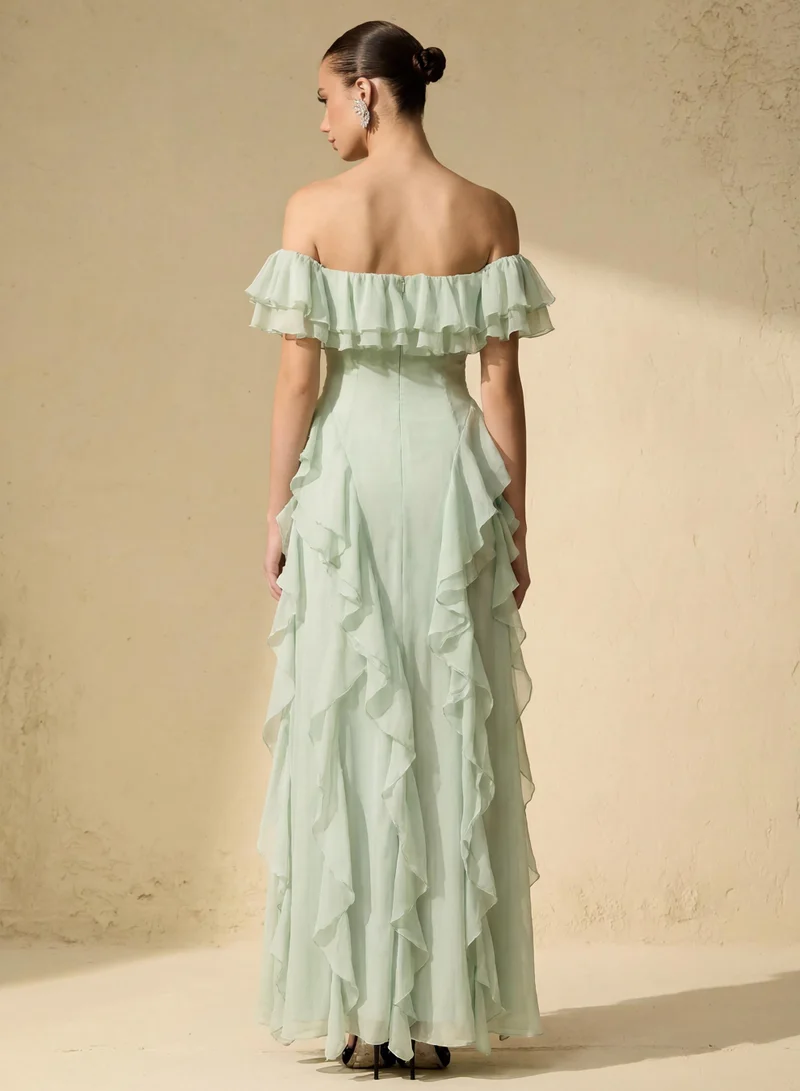 Sunfere  Every Love Song Green Off-The-Shoulder Ruffle Maxi Dress for Women | Best Price UAE