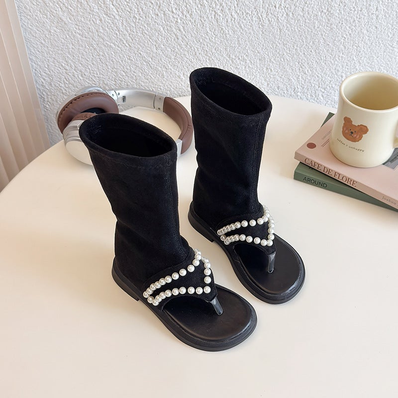 Summer Girls Fashion Pearl Chain Sandals Explosions Big Kids Western Style Princess Style High-Top Roman Shoes - Image 1