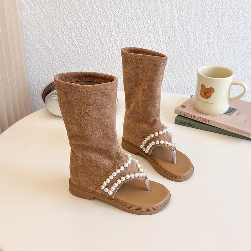 Summer Girls Fashion Pearl Chain Sandals Explosions Big Kids Western Style Princess Style High-Top Roman Shoes - Image 4