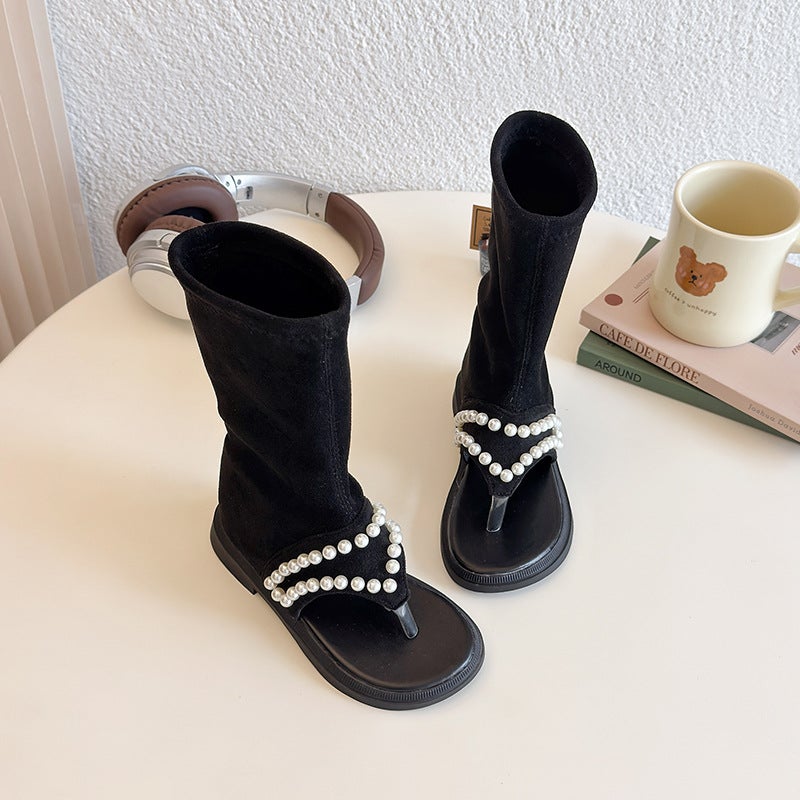 Summer Girls Fashion Pearl Chain Sandals Explosions Big Kids Western Style Princess Style High-Top Roman Shoes - Image 3