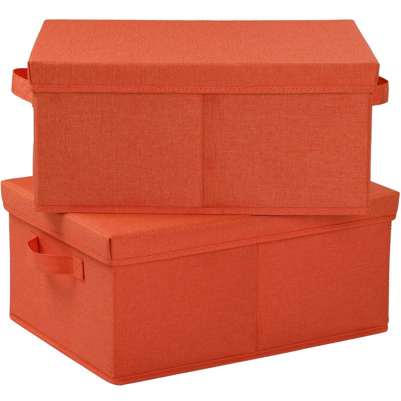 HOONEX Storage Bins with Lids for Organizing Pack of 2 Storage Boxes with 2 Carrying Handles and Sturdy Heavy Cardboard 165 L x 118 W x 75 H for Shoes Books Clothes Nursery Orange