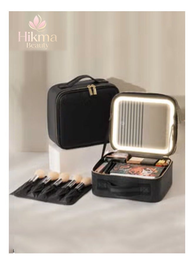 Hikma Beauty Portable Makeup Bag with LED and Mirror Black Color - Image 1