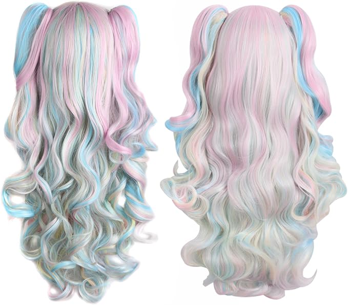 MapofBeauty MapofBeauty Multicolor Lolita Long Curly Clip on Ponytails Cosplay Wig PinkBlue 