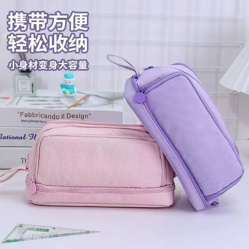 Qi Ta Double-Layer Double-Window Pencil Case Large Capacity Storage Bag for Students, Durable Canvas Pencil Pouch - Image 5