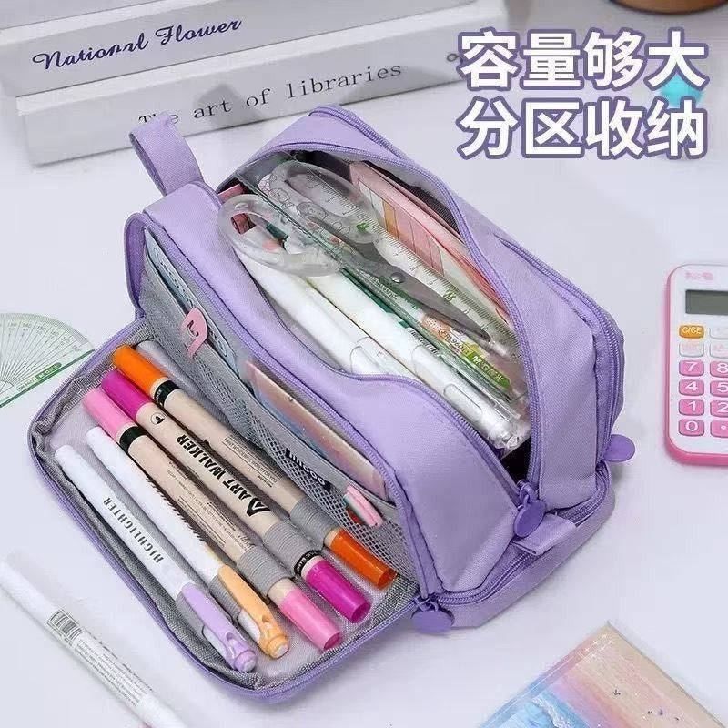 Qi Ta Double-Layer Double-Window Pencil Case Large Capacity Storage Bag for Students, Durable Canvas Pencil Pouch - Image 4
