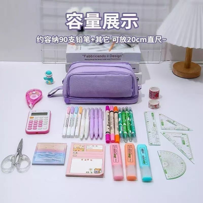 Qi Ta Double-Layer Double-Window Pencil Case Large Capacity Storage Bag for Students, Durable Canvas Pencil Pouch - Image 3
