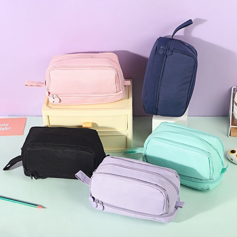 Qi Ta Double-Layer Double-Window Pencil Case Large Capacity Storage Bag for Students, Durable Canvas Pencil Pouch - Image 2