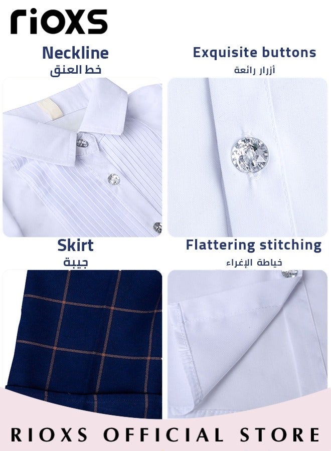 RIOXS 5-Piece Girls' Formal Dress Set, Children's Formal Dress Outfit, British-Style Suspender Skirt with Bow Tie Performance Costume, Student Choir Uniforms & Graduation Attire, Girls' Shirt and Skirt Set, Blue - Image 5