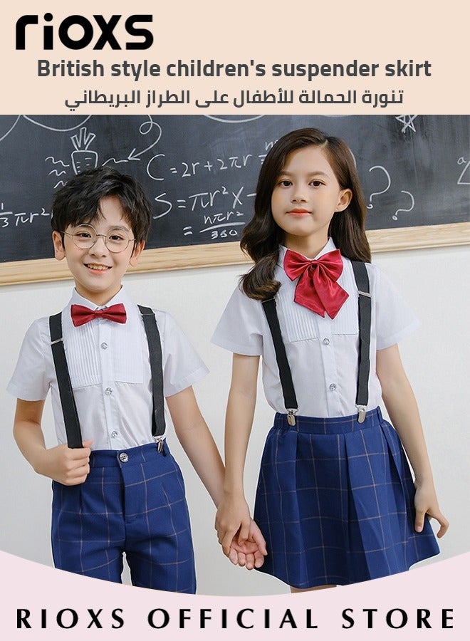 RIOXS 5-Piece Girls' Formal Dress Set, Children's Formal Dress Outfit, British-Style Suspender Skirt with Bow Tie Performance Costume, Student Choir Uniforms & Graduation Attire, Girls' Shirt and Skirt Set, Blue - Image 3