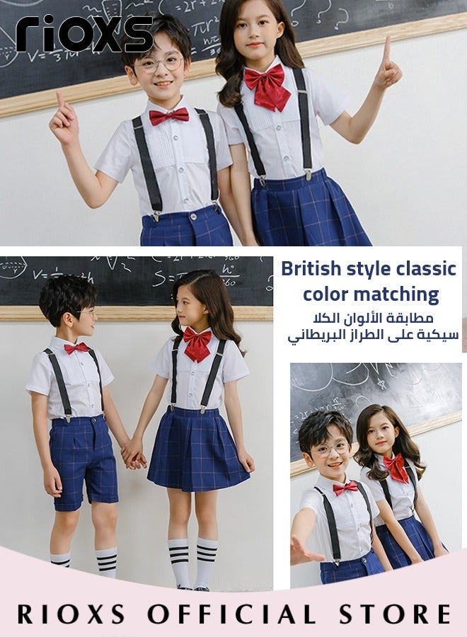 RIOXS 5-Piece Girls' Formal Dress Set, Children's Formal Dress Outfit, British-Style Suspender Skirt with Bow Tie Performance Costume, Student Choir Uniforms & Graduation Attire, Girls' Shirt and Skirt Set, Blue - Image 4