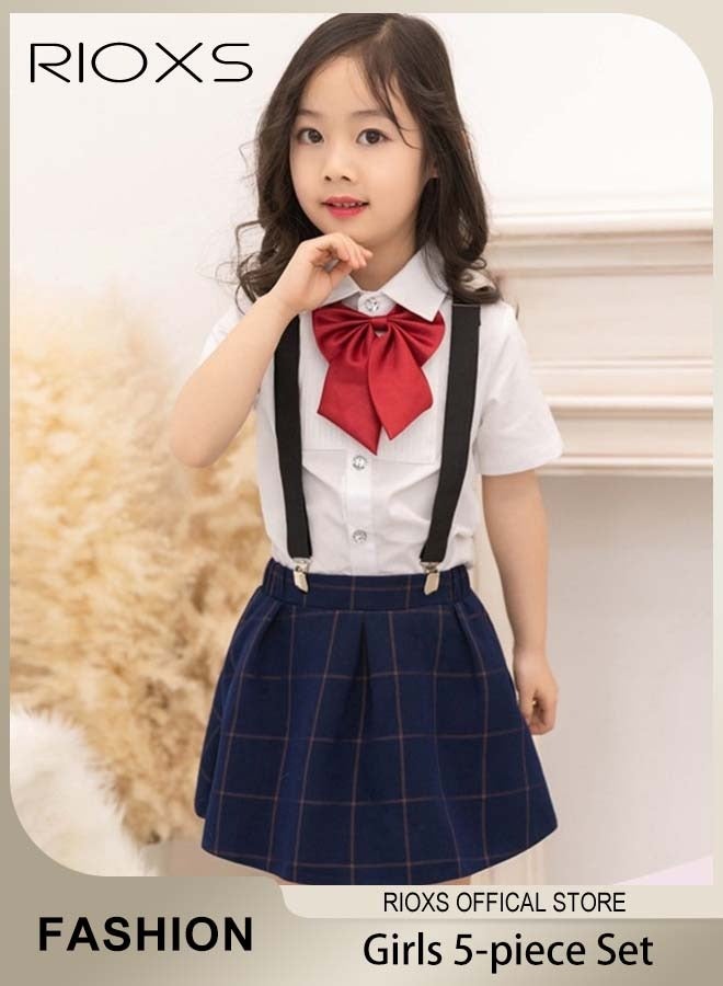 RIOXS 5-Piece Girls' Formal Dress Set, Children's Formal Dress Outfit, British-Style Suspender Skirt with Bow Tie Performance Costume, Student Choir Uniforms & Graduation Attire, Girls' Shirt and Skirt Set, Blue - Image 1