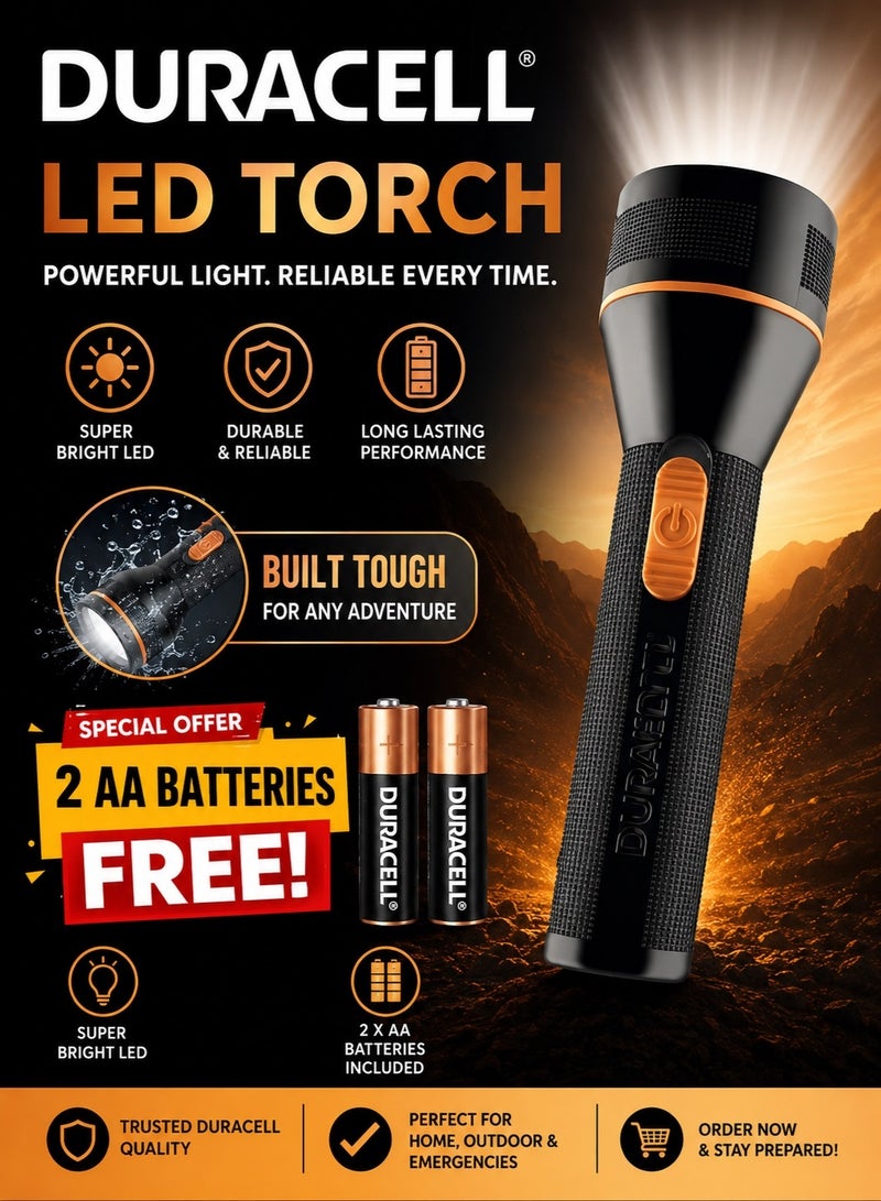 Duracell LED Torch Light, Super Bright, 6000 LUX, Ultra-Light and Easy to Carry Design, Large Reflector, for Everyday Use, 2AA Batteries Free, Black - Image 1