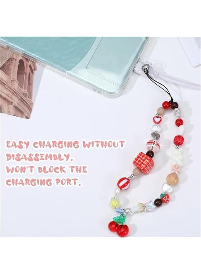 Cute Cherry Phone Charm, Beaded Cell Phone Charms Wrist Strap with Tether Tab Keychain Decoration Phone Lanyards for Wallet Women - Image 2