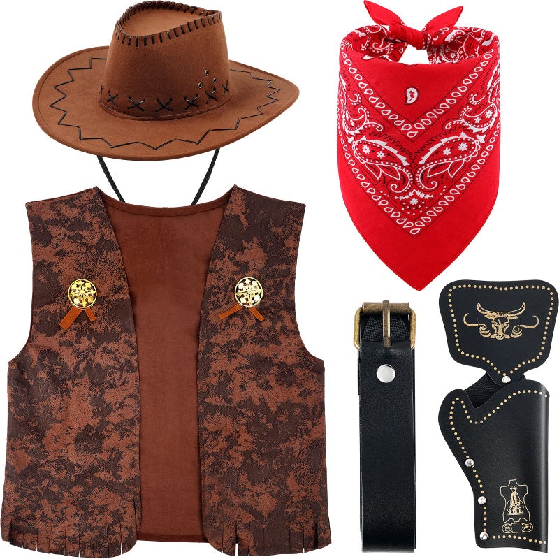 BBTO BBTO Cowboy Fancy Dress Costume Accessory Set Cowgirl Hat Bandanna Brown Waistcoat Toy Gun Belt Holster Unisex Adult for Halloween Party - Image 1