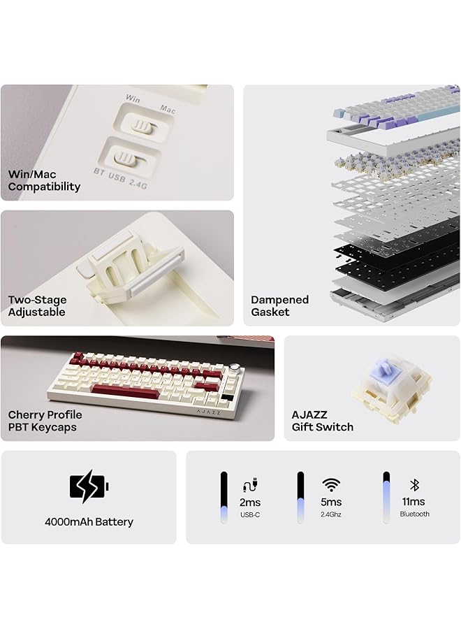 EPOMAKER Ajazz Ak820 Pro Wireless Gaming Keyboard With Tft Screen And Knob Hot Swappable 2.4Ghz/Usb/Bt5.0 Gasket Creamy 75% Mechanical Keyboard For Pc/Mac/Office (Beige Gift Switch) - Image 2