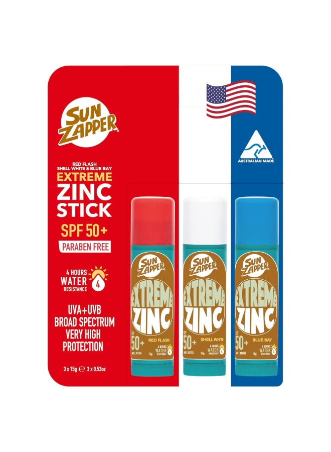 Sun Zapper Extreme Zinc Oxide Sunscreen Stick SPF 50 Water Resistant 3Pack Red White Blue For Face Made in Australia - Image 2