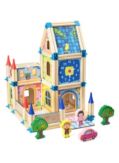 بيوينتي Wooden Construction Bricks, Building Blocks Set，Variety of Shapes House Model Game Castle and Farm Building Set, Castle Construction Blocks for Boys and Girls Birthday Party Favors (128PCS)  - Image 1
