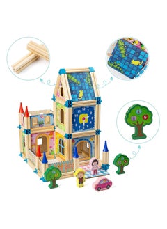 بيوينتي Wooden Construction Bricks, Building Blocks Set，Variety of Shapes House Model Game Castle and Farm Building Set, Castle Construction Blocks for Boys and Girls Birthday Party Favors (128PCS)  - Image 2