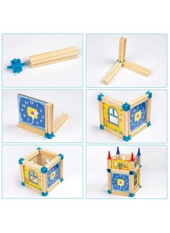 بيوينتي Wooden Construction Bricks, Building Blocks Set，Variety of Shapes House Model Game Castle and Farm Building Set, Castle Construction Blocks for Boys and Girls Birthday Party Favors (128PCS)  - Image 5