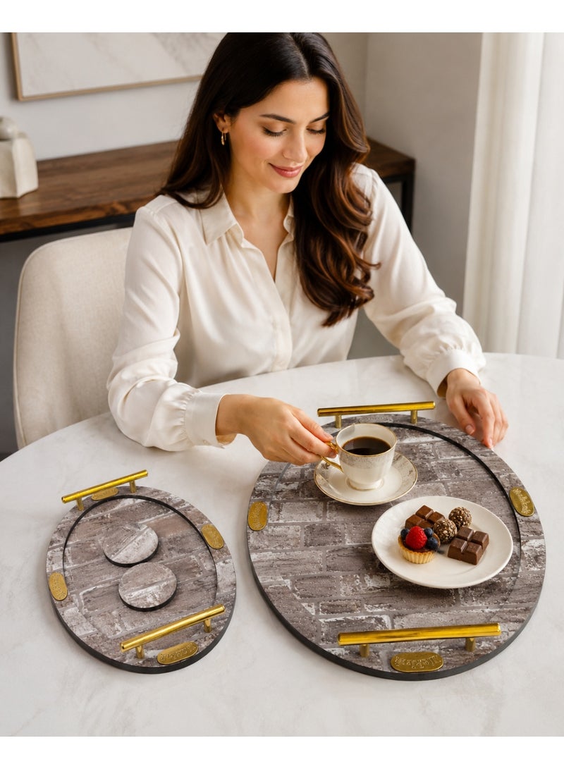 Makkah 4-Piece Oval Wooden Serving Tray Set with Rustic Brick Pattern, Gold Metal Handles & 2 Separate Round Coasters - Grey & Brown - Image 2