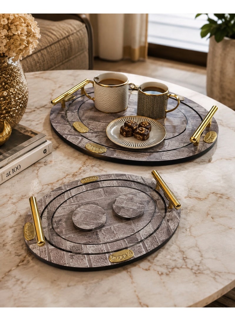 Makkah 4-Piece Oval Wooden Serving Tray Set with Rustic Brick Pattern, Gold Metal Handles & 2 Separate Round Coasters - Grey & Brown - Image 3