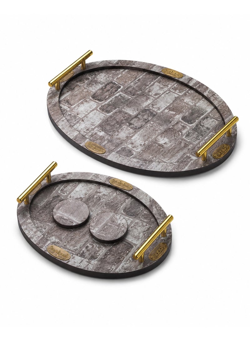 Makkah 4-Piece Oval Wooden Serving Tray Set with Rustic Brick Pattern, Gold Metal Handles & 2 Separate Round Coasters - Grey & Brown - Image 1