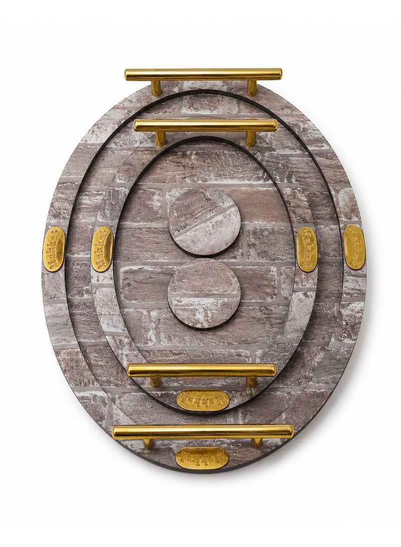 Makkah 4-Piece Oval Wooden Serving Tray Set with Rustic Brick Pattern, Gold Metal Handles & 2 Separate Round Coasters - Grey & Brown - Image 5
