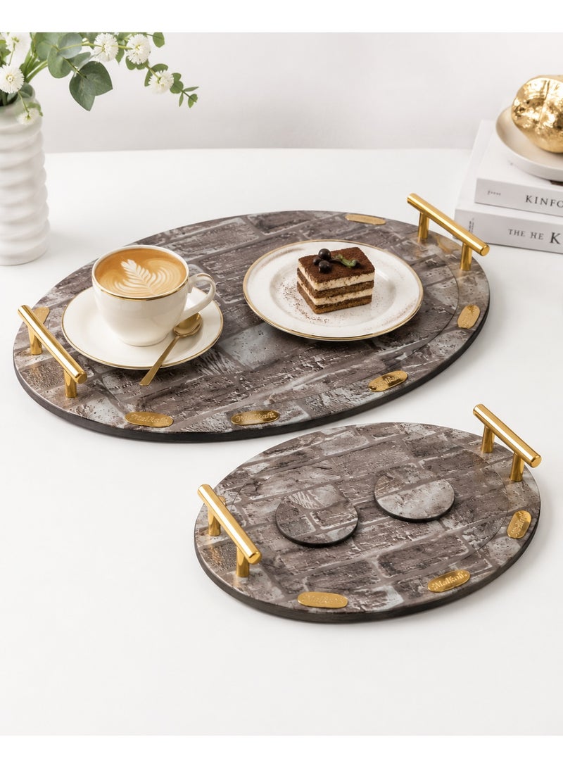 Makkah 4-Piece Oval Wooden Serving Tray Set with Rustic Brick Pattern, Gold Metal Handles & 2 Separate Round Coasters - Grey & Brown - Image 4