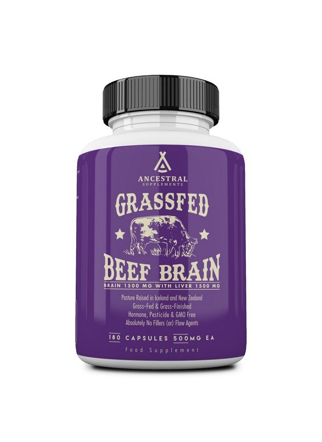 انسيسترال سابليمينتس - مكملات Ancestral Supplements Grass Feed Beef Brain مع كبد البقر، غذاء كامل لدعم الدماغ يعزز صحة الدماغ والمزاج والذاكرة، كبسولات تركيبة صحة الدماغ والكبد، خالية من الكائنات المعدلة وراثيًا، 180 كبسولة - Image 1