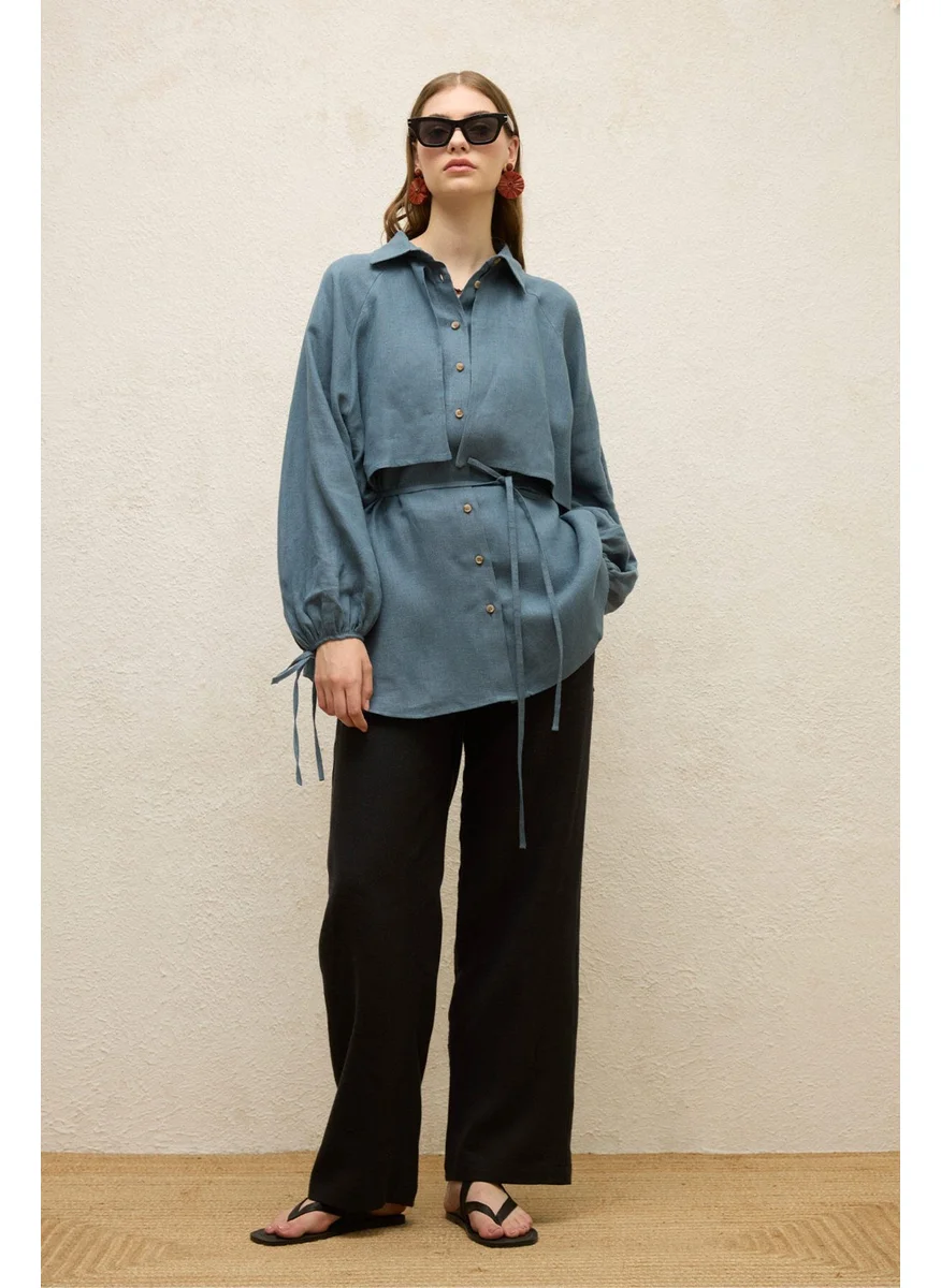 مانوكا Linen Trench Coat Shirt Indigo