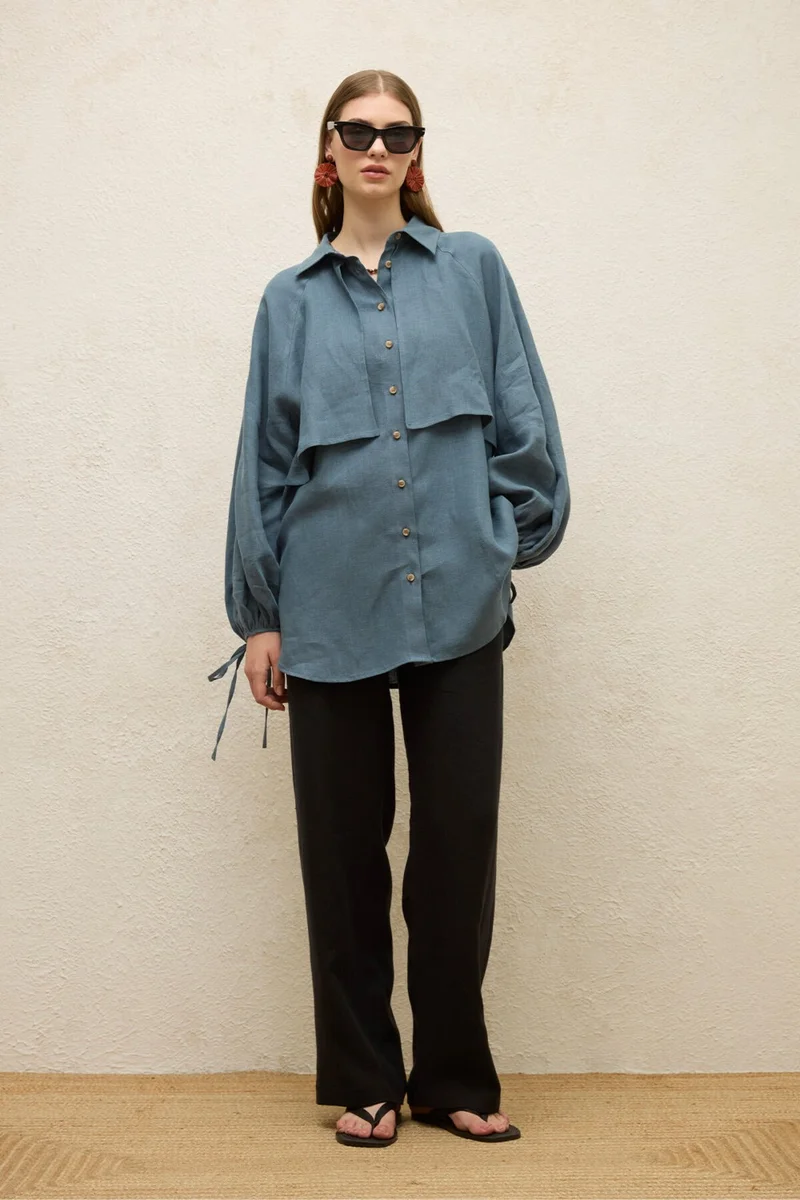 مانوكا Linen Trench Coat Shirt Indigo