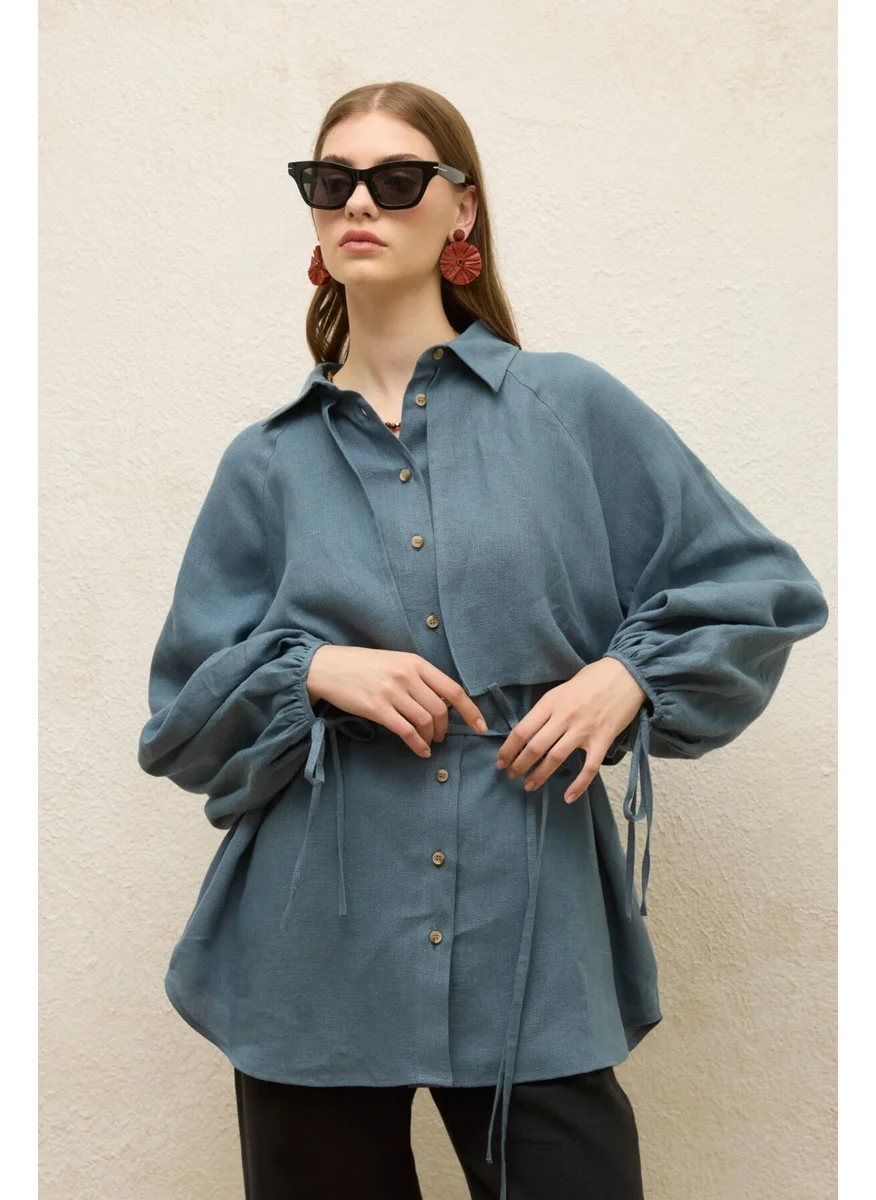 مانوكا Linen Trench Coat Shirt Indigo