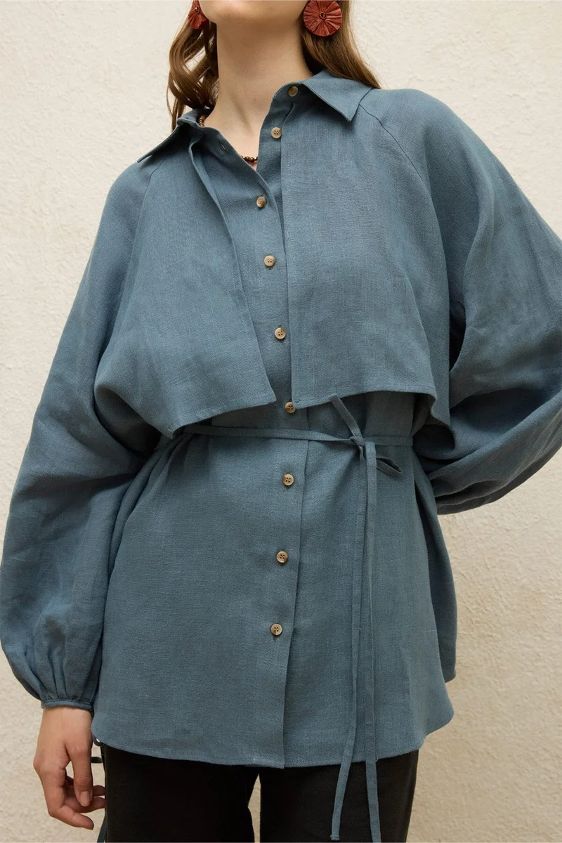 مانوكا Linen Trench Coat Shirt Indigo