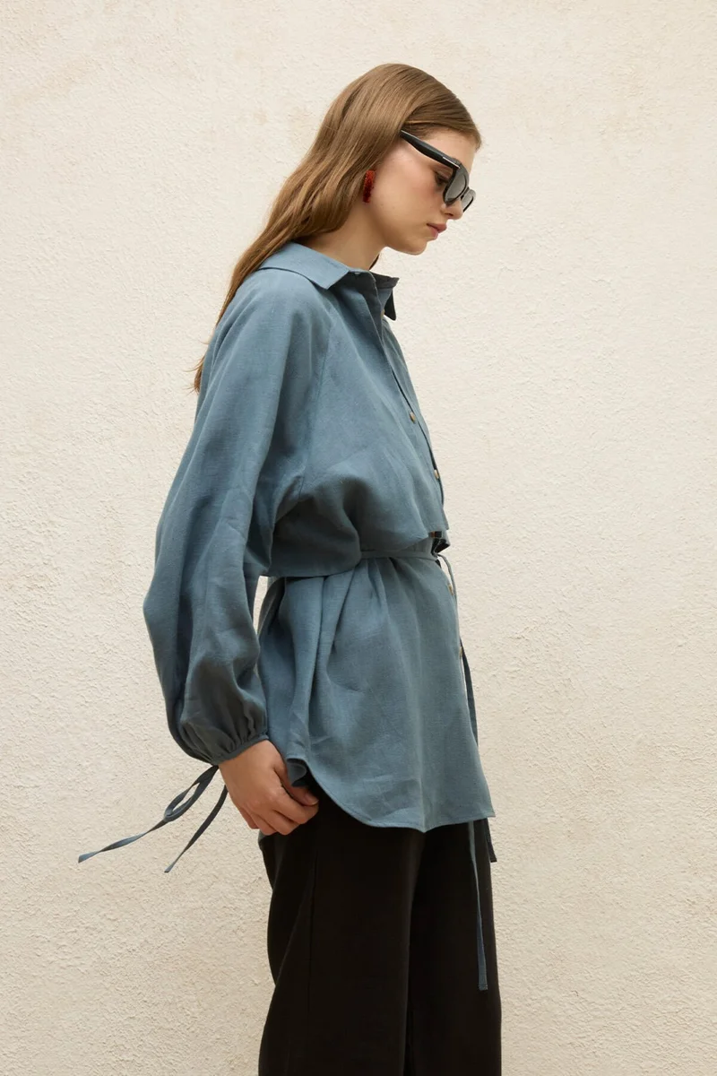 مانوكا Linen Trench Coat Shirt Indigo