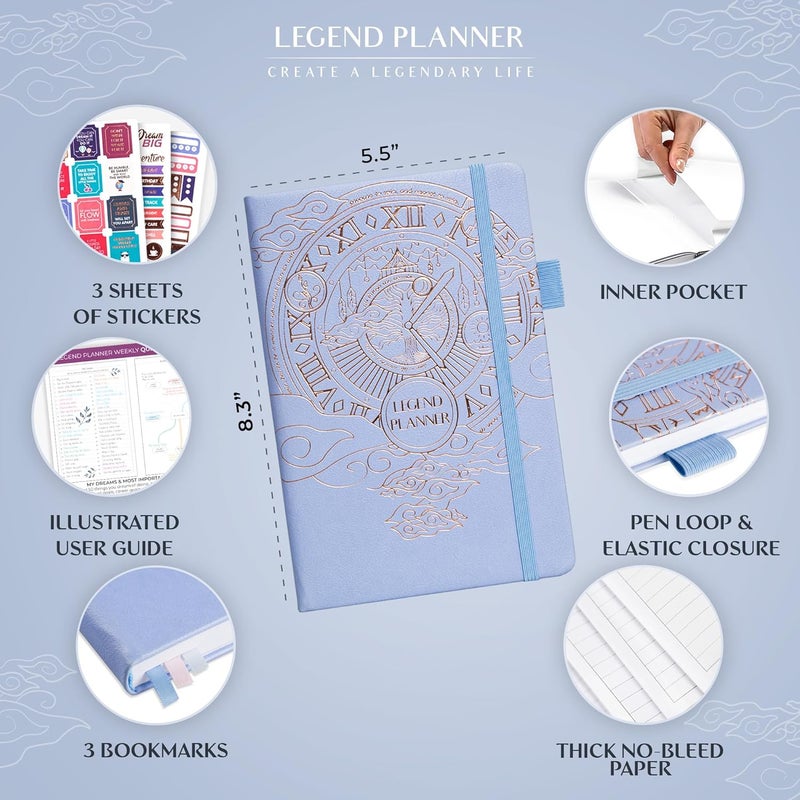 Legend Planner - مخطط أسبوعي وشهري فاخر لتحقيق أهدافك والعيش بسعادة أكبر. دفتر تنظيم ومفكرة إنتاجية. غلاف مقوى A5، غير مؤرخ - ابدأ في أي وقت + ملصقات - ذهبي بنفسجي - Image 2