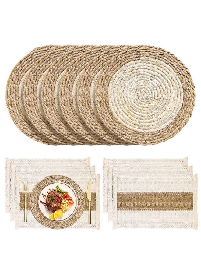 KesaPlan Boho Placemats Set of 12, 12" Set of 6 Round Woven Placemats & 6 Square Natural Cotton Burlap Placemats, Water Straw Handmade Rattan Placemat, Wicker Farmhouse Placemats for Dining Table - Image 1