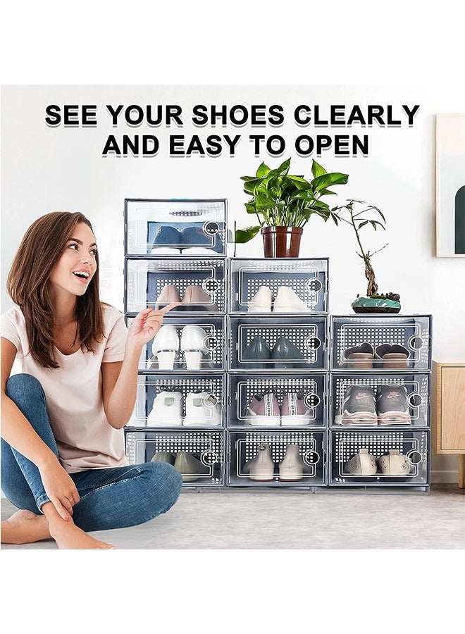 رولستيمي صناديق تخزين الأحذية الكبيرة المنظمون واضح البلاستيك تكويم 12 حزمة ، رف الأحذية وحامل بديل ، حاويات حذاء رياضة ، لعبة التخزين المنظم صناديق للمدخل ، خزانة ، تحت السرير ، رمادي - Image 1