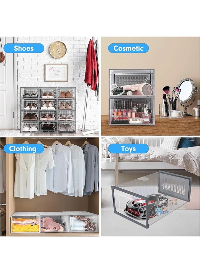 رولستيمي صناديق تخزين الأحذية الكبيرة المنظمون واضح البلاستيك تكويم 12 حزمة ، رف الأحذية وحامل بديل ، حاويات حذاء رياضة ، لعبة التخزين المنظم صناديق للمدخل ، خزانة ، تحت السرير ، رمادي - Image 4