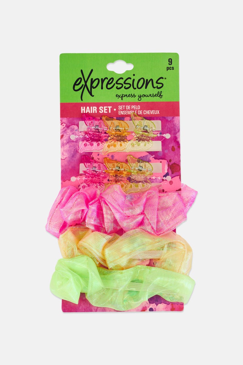 Expressions Kids Girl 9 Pieces Mini Butterfly Clips And Scrunchies Set, Multicolor - Image 1
