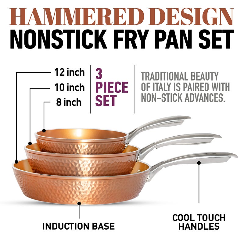 Gotham Steel Hammered Frying Pan Set, 3 Piece Nonstick Copper Fry Pans, 8â€, 10â€ & 12â€ Skillet, Omelet Pan, Cookware, PFOA Free, Dishwasher Safe, Cool Touch Handle - Image 5