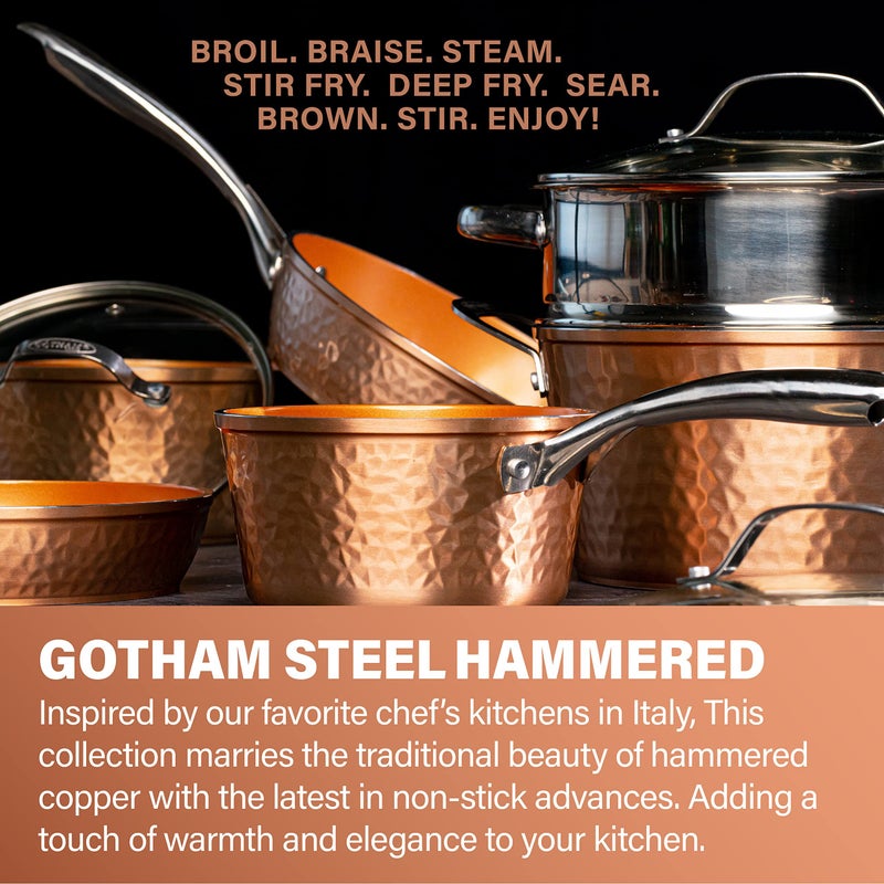 Gotham Steel Hammered Frying Pan Set, 3 Piece Nonstick Copper Fry Pans, 8â€, 10â€ & 12â€ Skillet, Omelet Pan, Cookware, PFOA Free, Dishwasher Safe, Cool Touch Handle - Image 2
