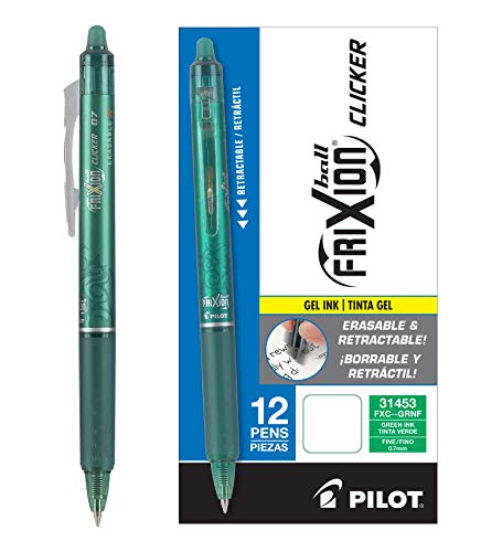 Pilot FriXion Clicker Erasable Gel Pens, Fine Point (0.7mm), Green Ink, 12-Pack - Refillable, Smooth Writing Pens for School, Journaling, and Office Use - Image 1