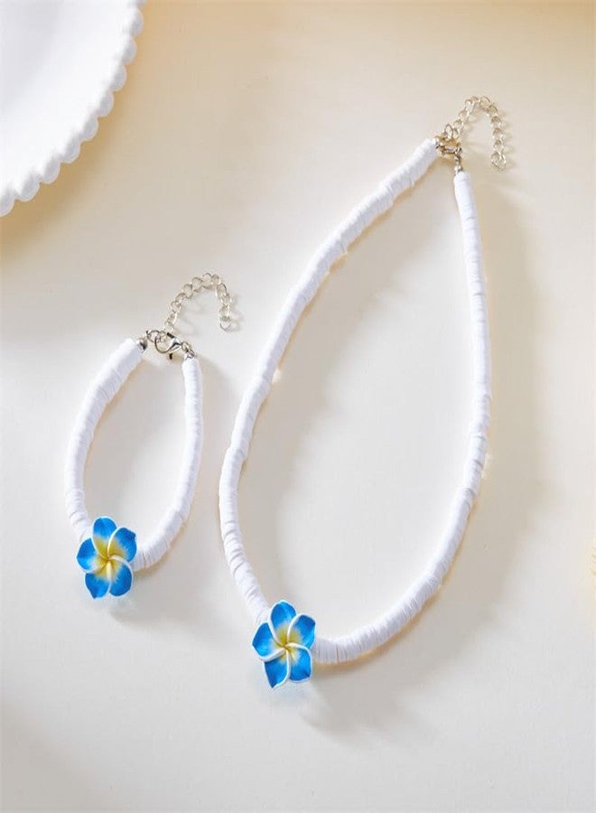 DATOA Hawaiian Plumeria Shell Choker Necklace Bracelet Jewelry Set Bohemian Handmade Flower Adjustable Rope Summer Beach Necklaces Holiday Vacation Party Jewelry Gift for Women - Blue - Image 3