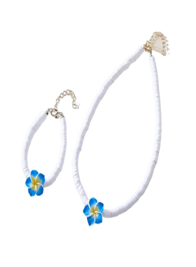 DATOA Hawaiian Plumeria Shell Choker Necklace Bracelet Jewelry Set Bohemian Handmade Flower Adjustable Rope Summer Beach Necklaces Holiday Vacation Party Jewelry Gift for Women - Blue - Image 1