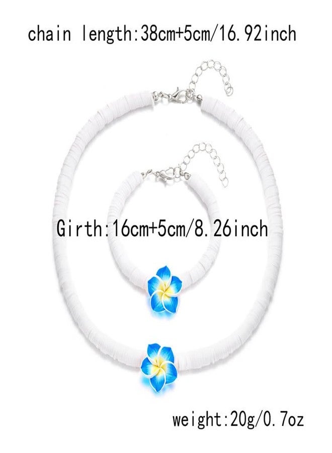 DATOA Hawaiian Plumeria Shell Choker Necklace Bracelet Jewelry Set Bohemian Handmade Flower Adjustable Rope Summer Beach Necklaces Holiday Vacation Party Jewelry Gift for Women - Blue - Image 4