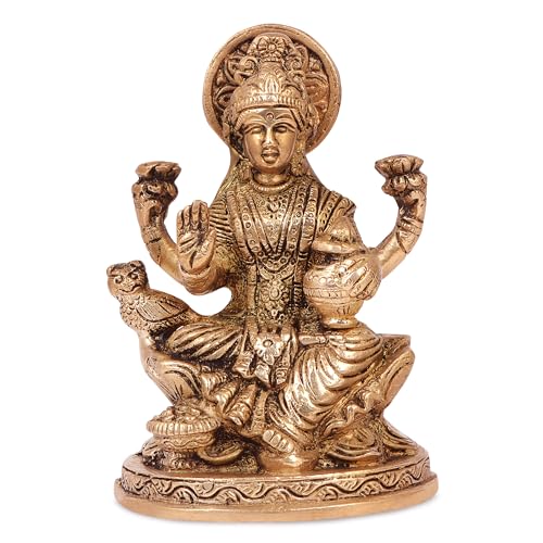 Kartique Laxmi Murti Brass Lakshmi Idol Laxmi Goddess Lakshmi Sitting Statue in Blessing Postures for Home Puja Mandir Temple Gold Color Height 5 Inch - Image 1