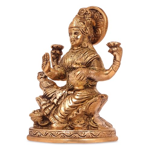 Kartique Laxmi Murti Brass Lakshmi Idol Laxmi Goddess Lakshmi Sitting Statue in Blessing Postures for Home Puja Mandir Temple Gold Color Height 5 Inch - Image 4
